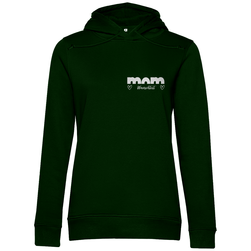 Damen Hoodie „mom Bright“ aus Bio-Baumwolle in dunklem Grün – personalisierbarer Print mit Herz-Details für stilvolle Mamas