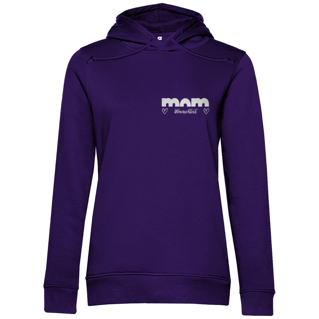 Damen Hoodie „mom Bright“ aus Bio-Baumwolle in Lila – personalisierbarer Print mit Herz-Details für stilvolle Mamas