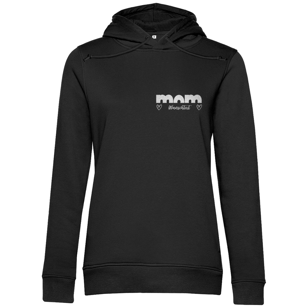 Damen Hoodie „mom Bright“ aus Bio-Baumwolle in Schwarz – personalisierbarer Print mit Herz-Details für stilvolle Mamas