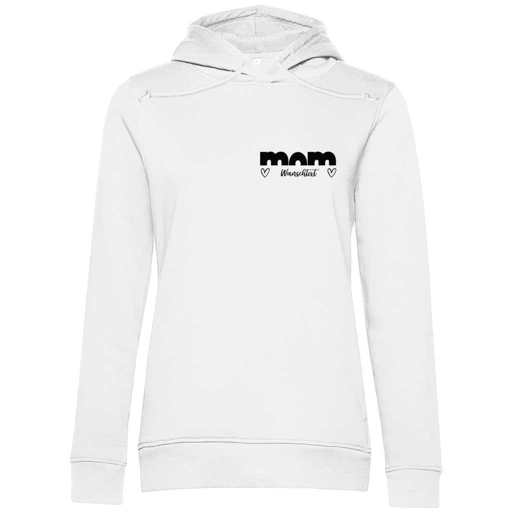 Damen Hoodie „mom True“ aus Bio-Baumwolle in Weiß – personalisierbarer, moderner Print für stilbewusste Mamas