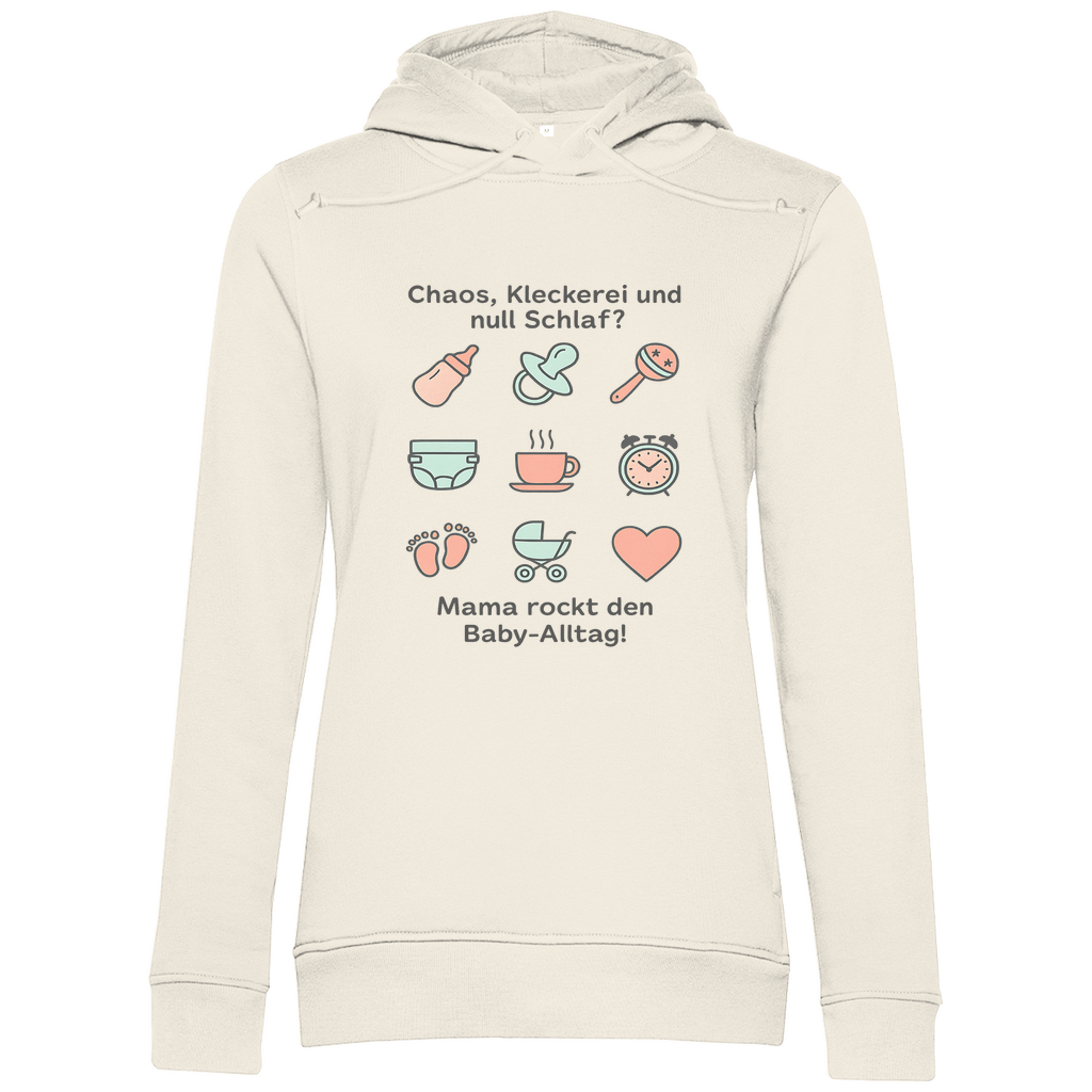 Damen Hoodie "Momlife Masterclass" in Off-White (Beige) – weicher Kapuzenpullover mit Mama-Print & Baby-Icons für den Familienalltag und ideales Geschenk für Mamas Geburtstag oder zum Muttertag