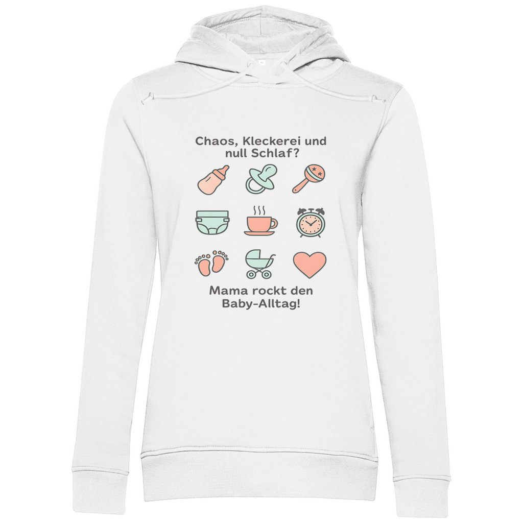 Damen Hoodie "Momlife Masterclass" in Weiß – weicher Kapuzenpullover mit Mama-Print & Baby-Icons für den Familienalltag und ideales Geschenk für Mamas Geburtstag oder zum Muttertag