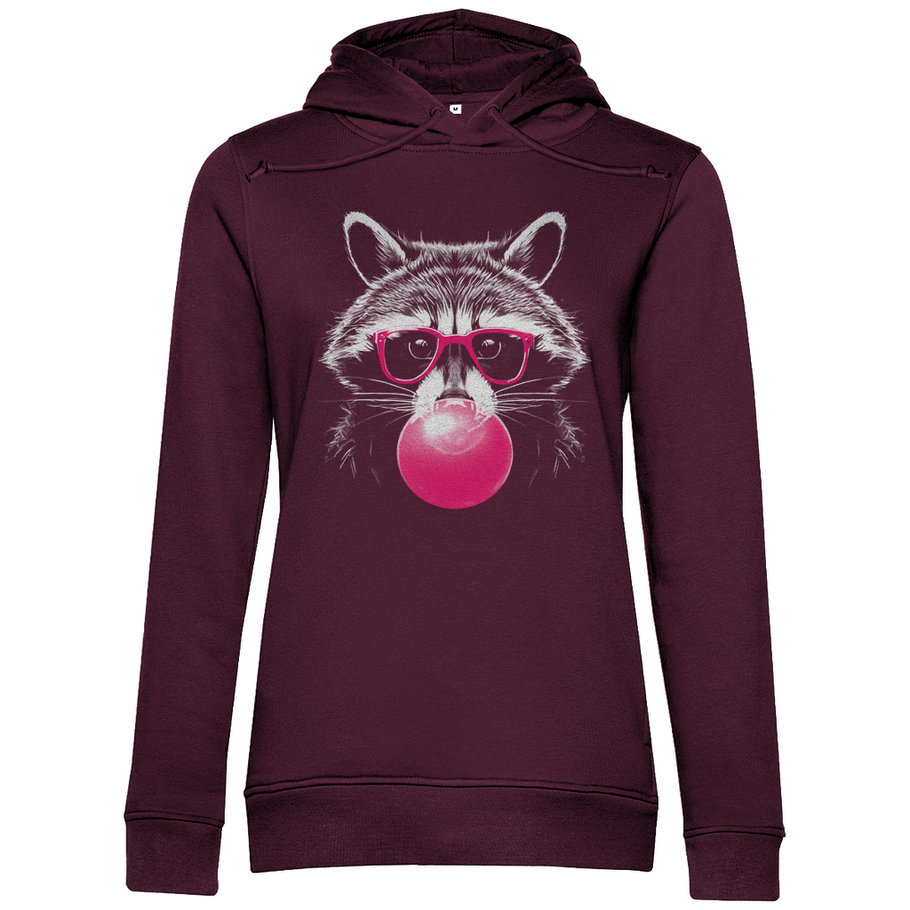 Damen Hoodie „Pop Raccoon“ in Burgundy (Weinrot) mit weißem Waschbär-Print im Line-Art-Stil und pinker Brille – trendiger Kapuzenpullover für stilbewusste Frauen
