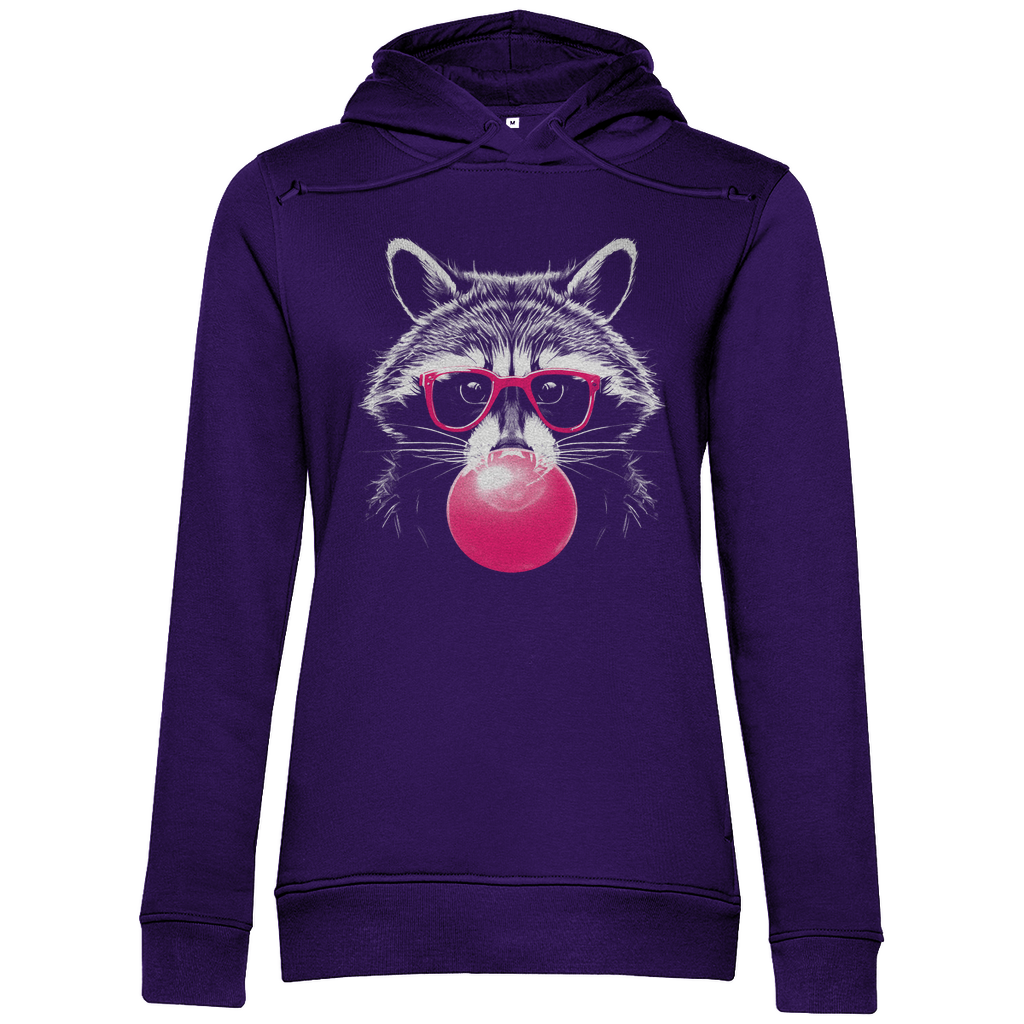 Damen Hoodie „Pop Raccoon“ in Lila mit weißem Waschbär-Print im Line-Art-Stil und pinker Brille – trendiger Kapuzenpullover für stilbewusste Frauen