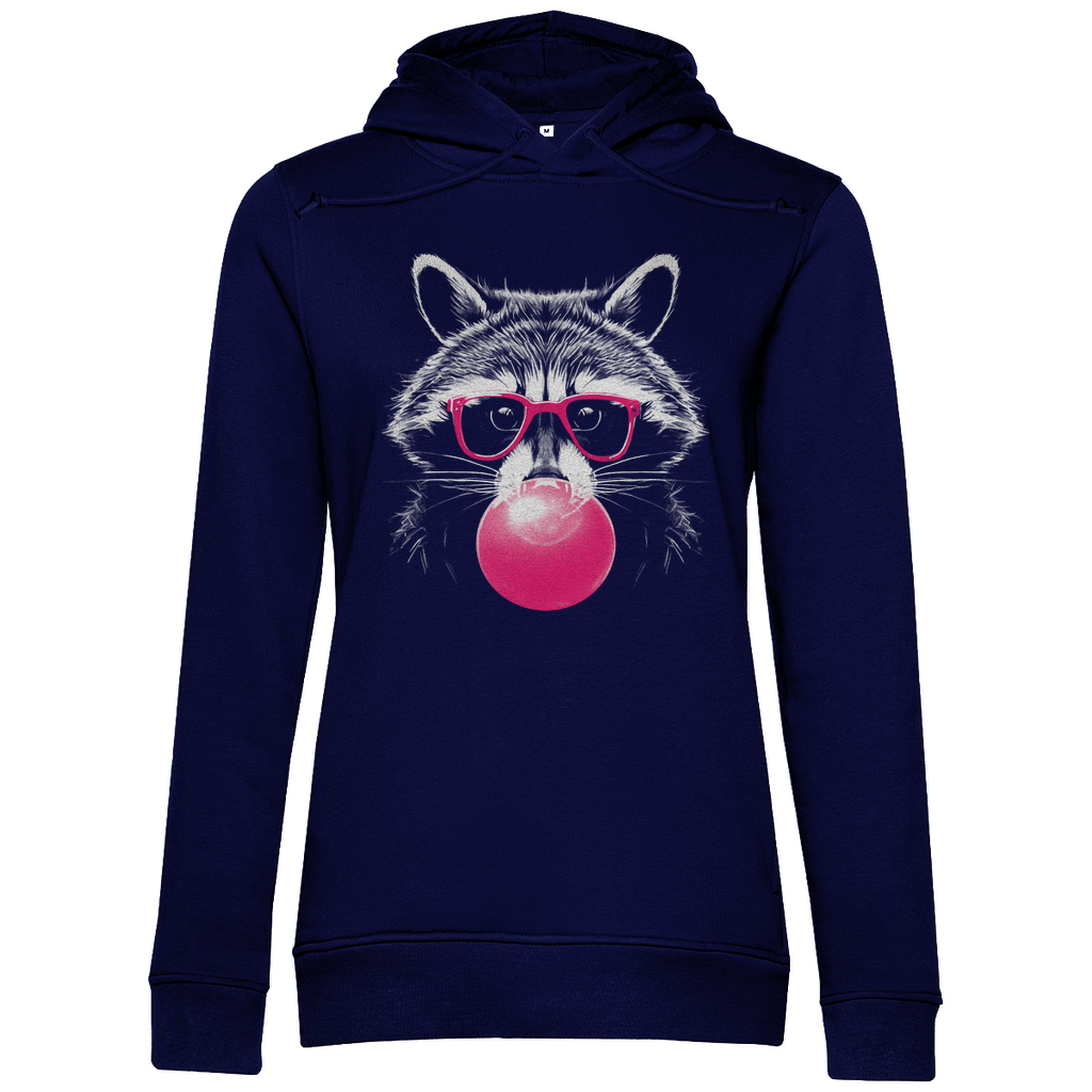 Damen Hoodie „Pop Raccoon“ in Navy Blau mit weißem Waschbär-Print im Line-Art-Stil und pinker Brille – trendiger Kapuzenpullover für stilbewusste Frauen