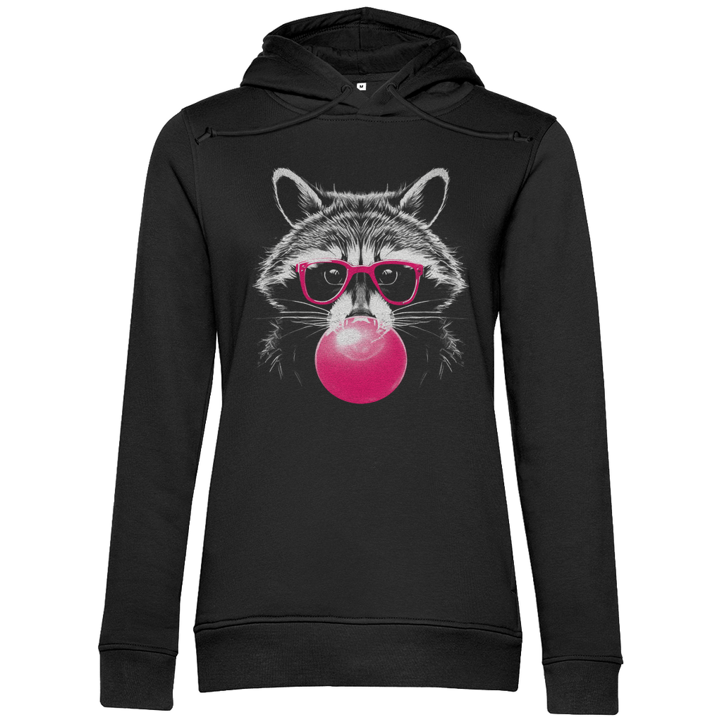 Damen Hoodie „Pop Raccoon“ in Schwarz mit weißem Waschbär-Print im Line-Art-Stil und pinker Brille – trendiger Kapuzenpullover für stilbewusste Frauen