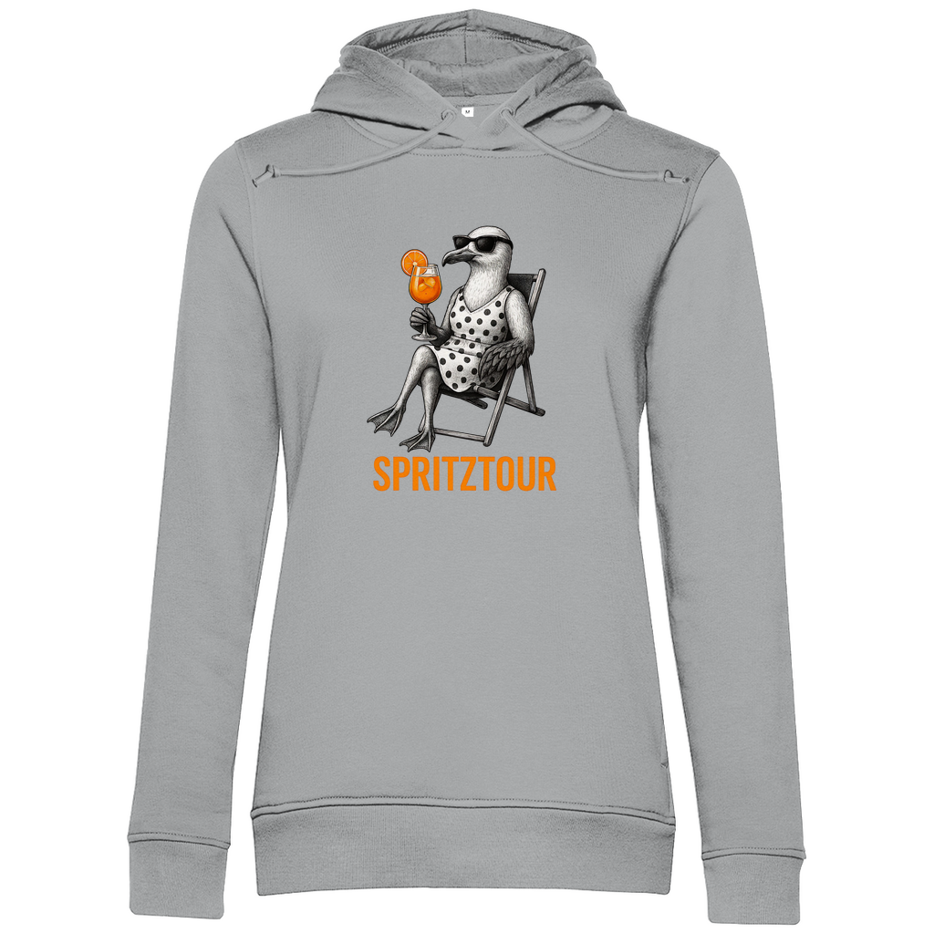 Damen Hoodie „Spritztour“ aus Bio-Baumwolle in Grau – Sommer-Hoodie mit Möwenprint und Aperolglas für entspannte Looks