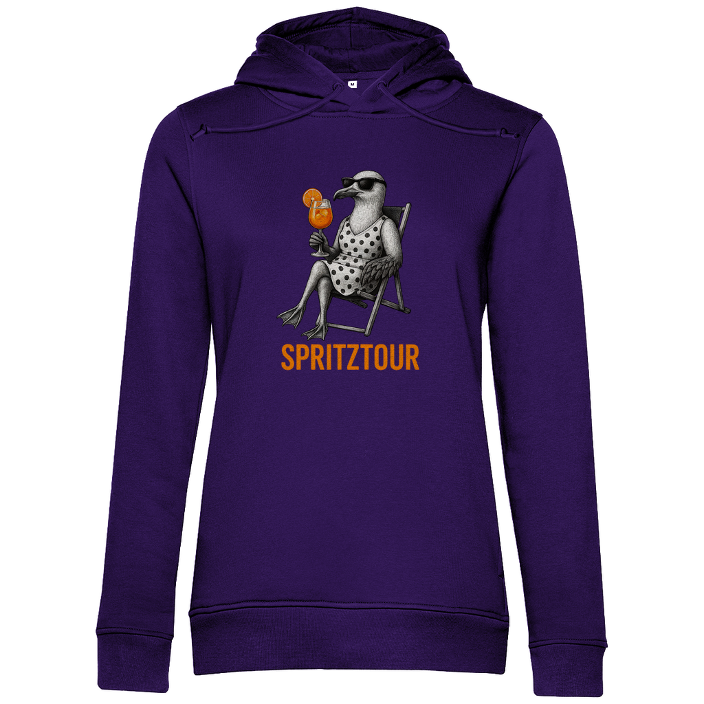 Damen Hoodie „Spritztour“ aus Bio-Baumwolle in Lila – Sommer-Hoodie mit Möwenprint und Aperolglas für entspannte Looks