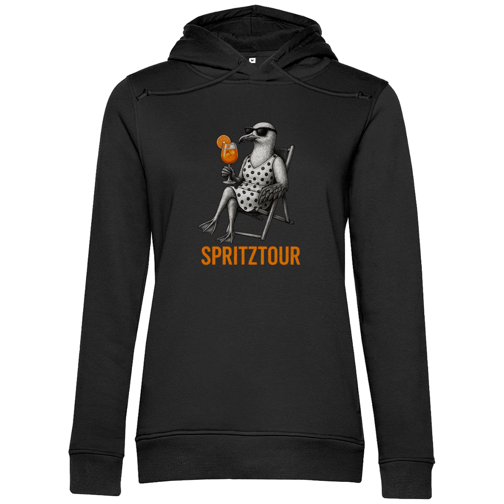 Damen Hoodie „Spritztour“ aus Bio-Baumwolle in Schwarz – Sommer-Hoodie mit Möwenprint und Aperolglas für entspannte Looks