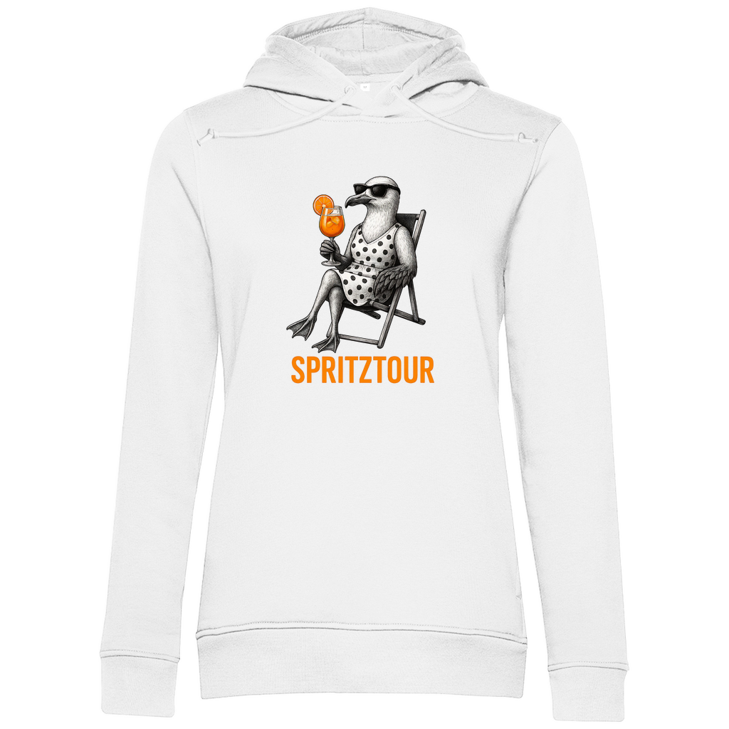 Damen Hoodie „Spritztour“ aus Bio-Baumwolle in Weiß – Sommer-Hoodie mit Möwenprint und Aperolglas für entspannte Looks