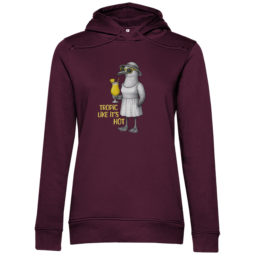 Damen Hoodie „Tropic Like It’s Hot“ aus Bio-Baumwolle in Burgundy Weinrot – Sommerprint mit Möwe, Sonnenbrille und Ananasdrink