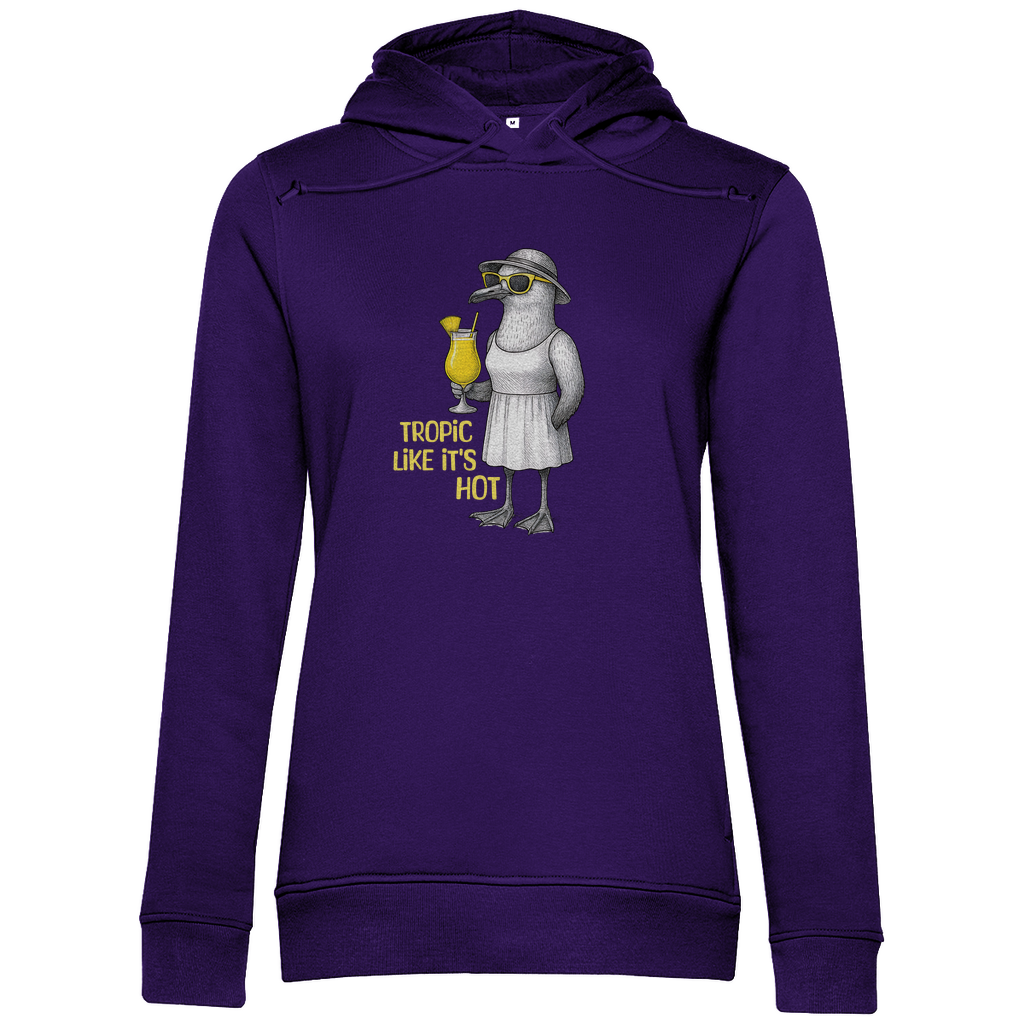 Damen Hoodie „Tropic Like It’s Hot“ aus Bio-Baumwolle in Lila – Sommerprint mit Möwe, Sonnenbrille und Ananasdrink