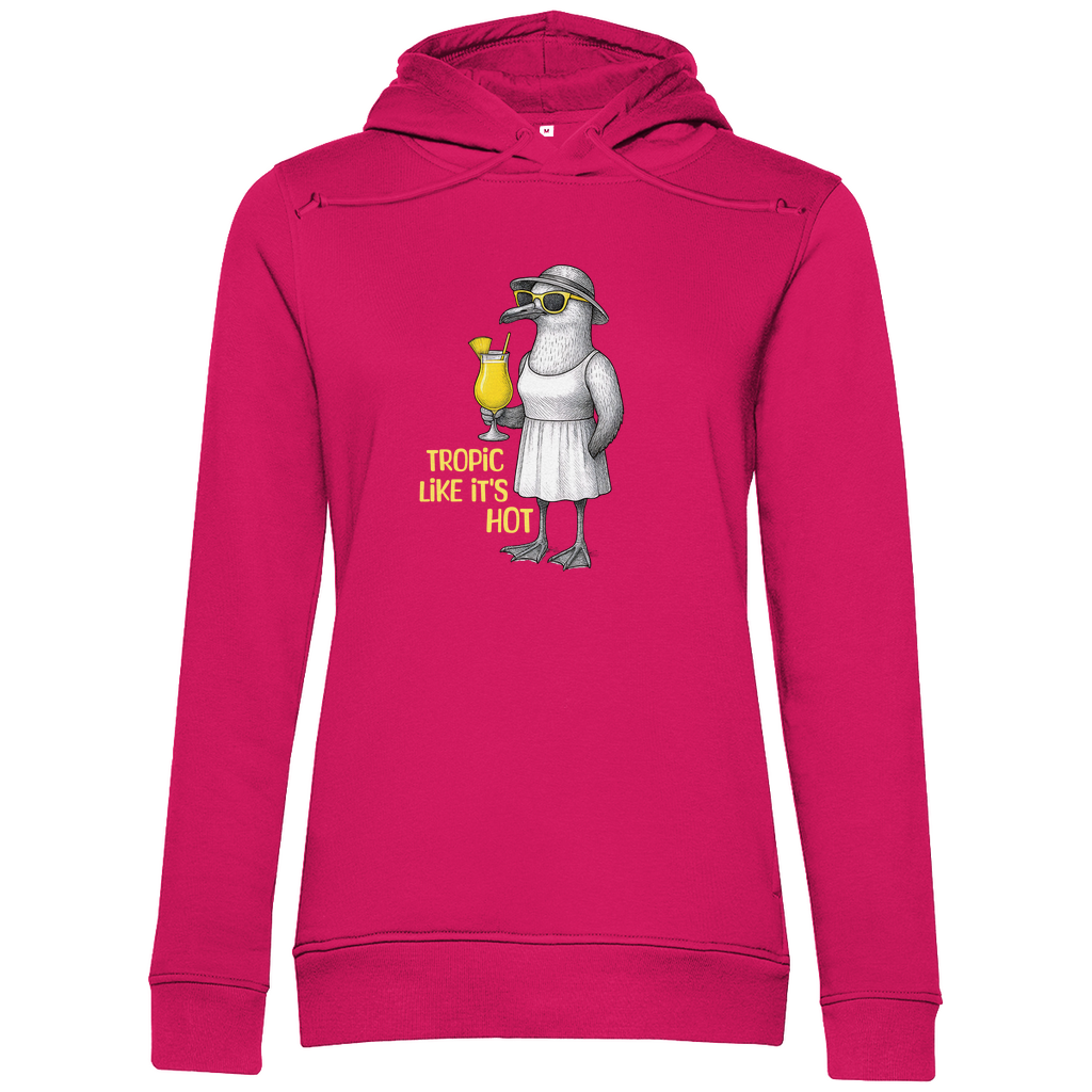 Damen Hoodie „Tropic Like It’s Hot“ aus Bio-Baumwolle in Magenta Pink – Sommerprint mit Möwe, Sonnenbrille und Ananasdrink