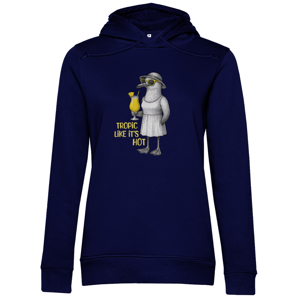 Damen Hoodie „Tropic Like It’s Hot“ aus Bio-Baumwolle in Navy Blau – Sommerprint mit Möwe, Sonnenbrille und Ananasdrink