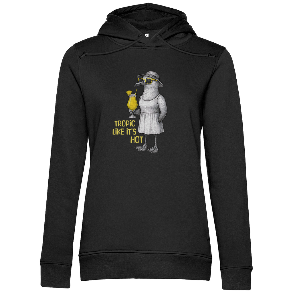 Damen Hoodie „Tropic Like It’s Hot“ aus Bio-Baumwolle in Schwarz – Sommerprint mit Möwe, Sonnenbrille und Ananasdrink