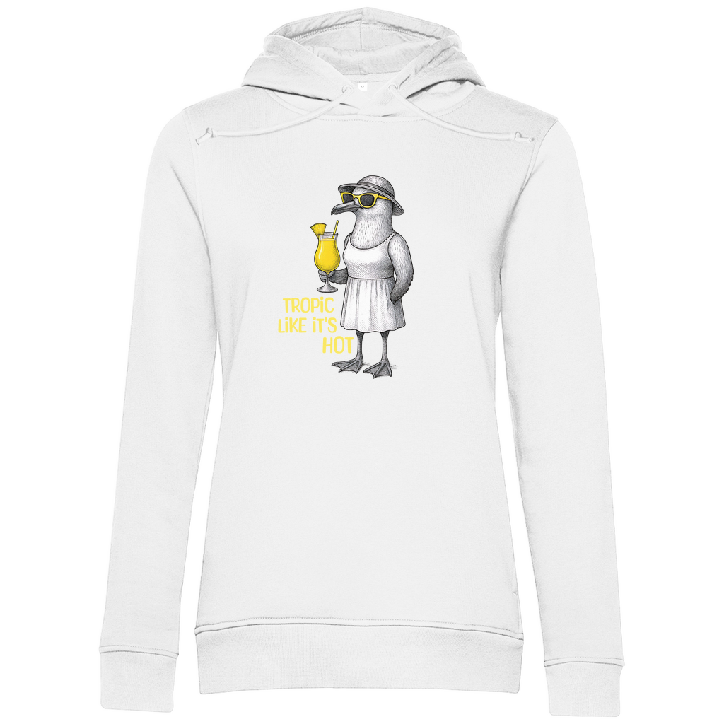 Damen Hoodie „Tropic Like It’s Hot“ aus Bio-Baumwolle in Weiß – Sommerprint mit Möwe, Sonnenbrille und Ananasdrink