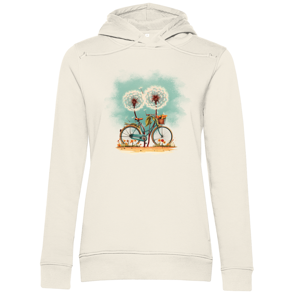 Damen Hoodie „Wunschfahrt“ in Off-White (Beige) – Vintage-Fahrrad & florale Pusteblumen im Aquarellstil – gemütlich, nachhaltig & stylisch aus Bio-Baumwolle