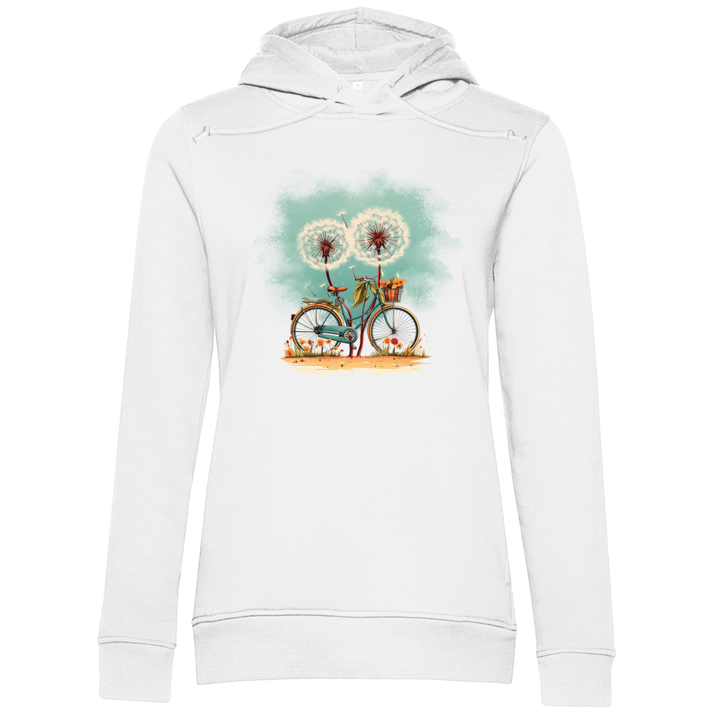 Damen Hoodie „Wunschfahrt“ in Weiß – Vintage-Fahrrad & florale Pusteblumen im Aquarellstil – gemütlich, nachhaltig & stylisch aus Bio-Baumwolle