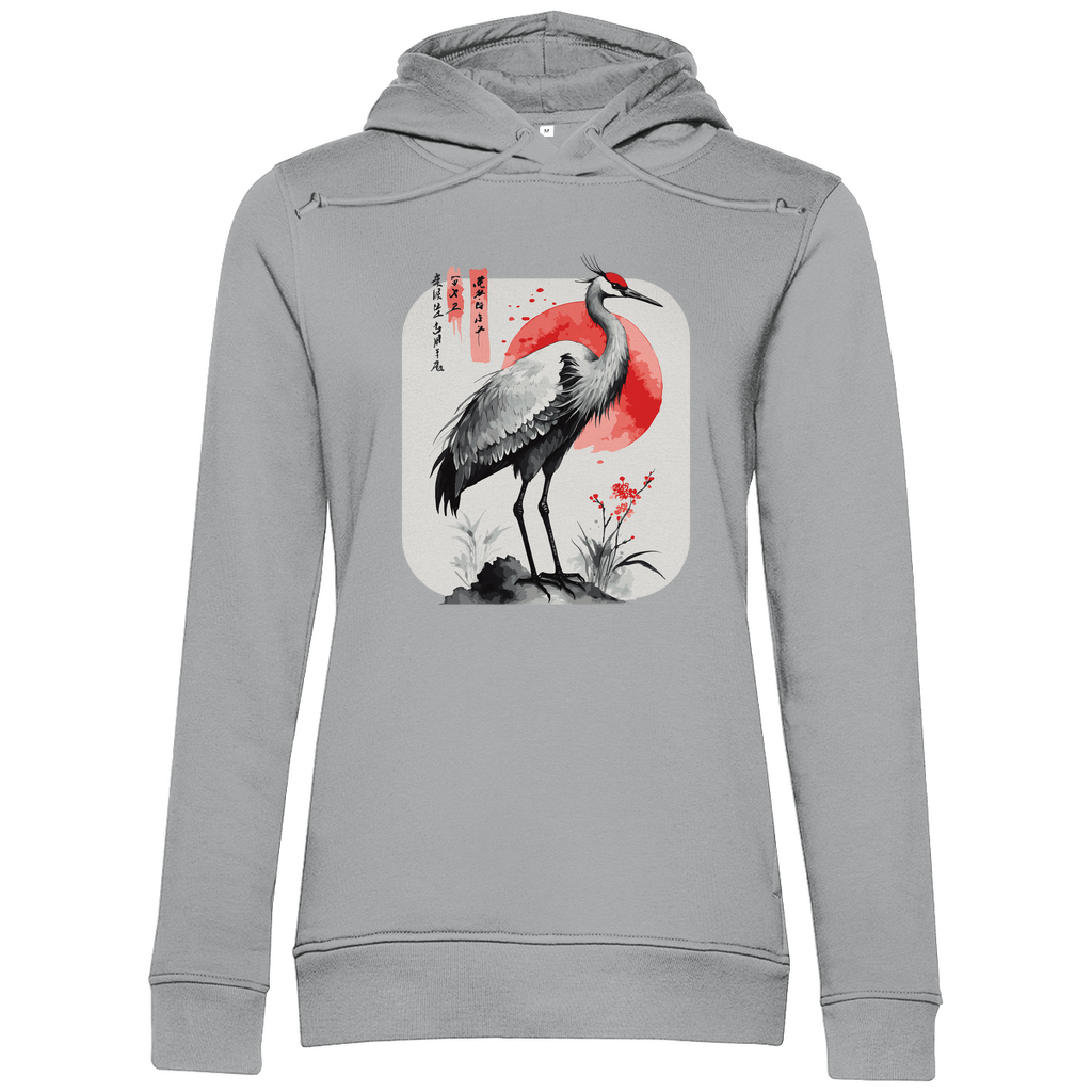 Damen Hoodie „Red Sun Crane“ aus Bio-Baumwolle in Grau – Zen-Hoodie mit Kranichmotiv und roter Sonne im traditionellen Sumi-e Stil