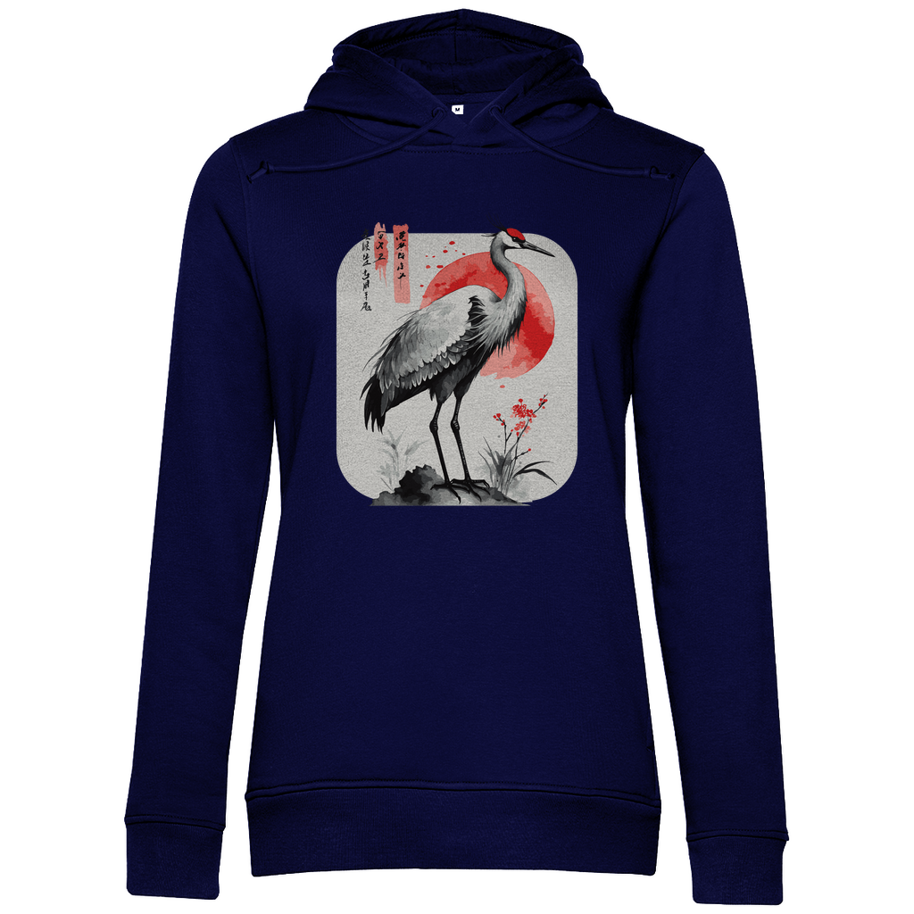 Damen Hoodie „Red Sun Crane“ aus Bio-Baumwolle in Navy Blau – Zen-Hoodie mit Kranichmotiv und roter Sonne im traditionellen Sumi-e Stil