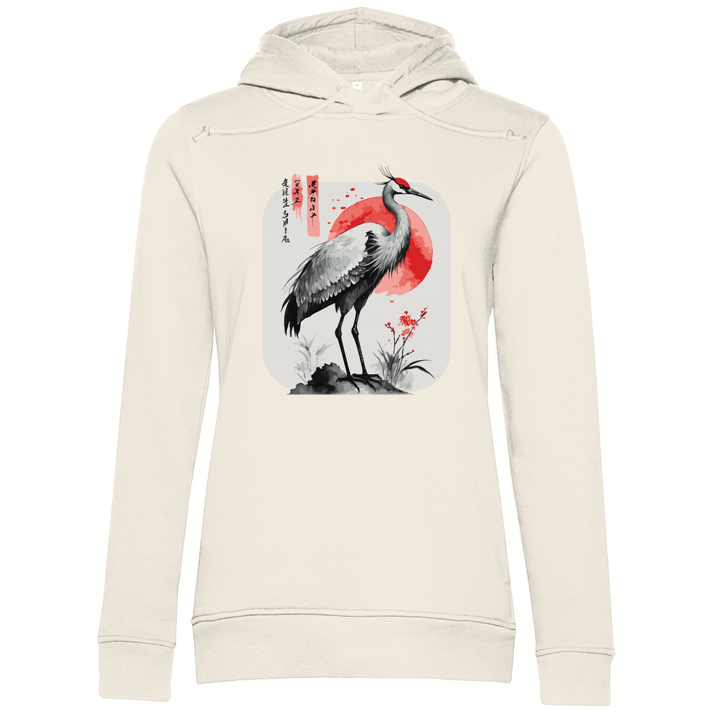 Damen Hoodie „Red Sun Crane“ aus Bio-Baumwolle in Off-White (Beige) – Zen-Hoodie mit Kranichmotiv und roter Sonne im traditionellen Sumi-e Stil