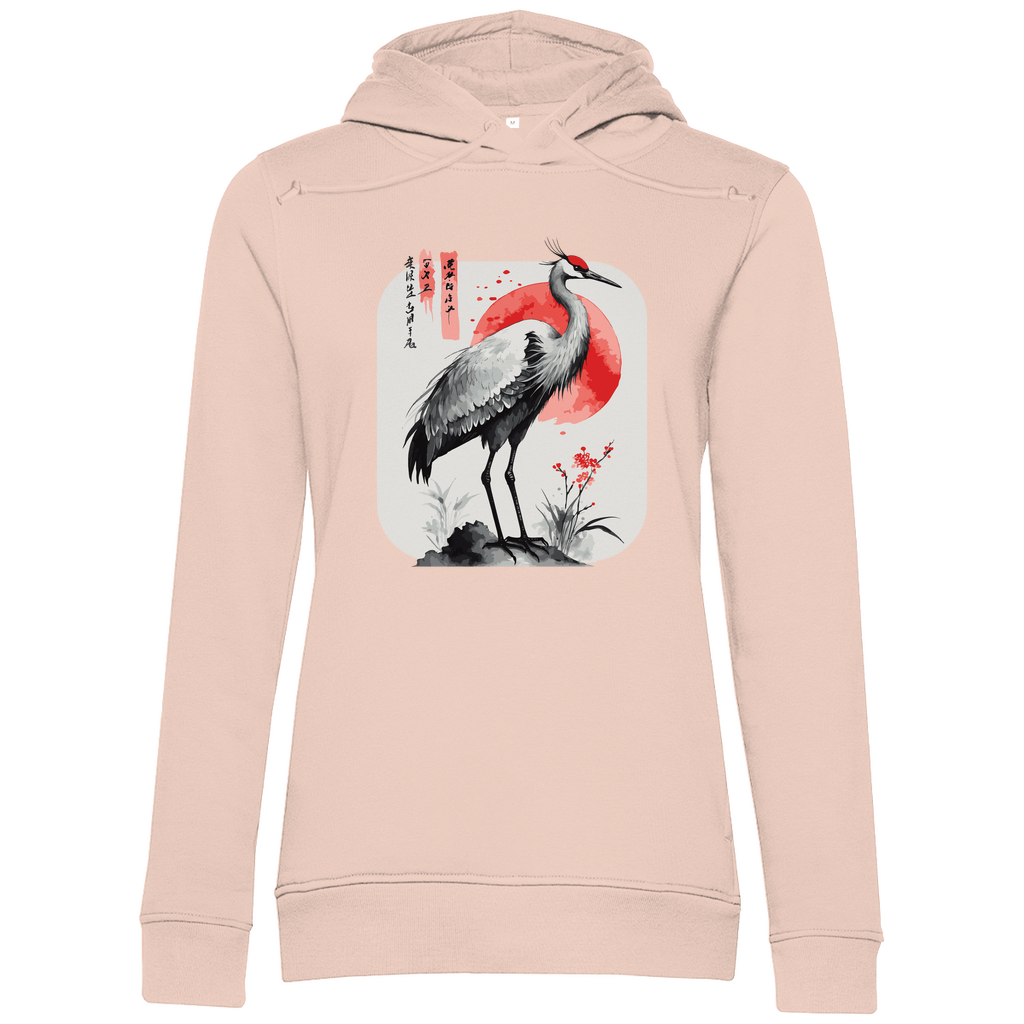 Damen Hoodie „Red Sun Crane“ aus Bio-Baumwolle in Rosa (Altrosa) – Zen-Hoodie mit Kranichmotiv und roter Sonne im traditionellen Sumi-e Stil