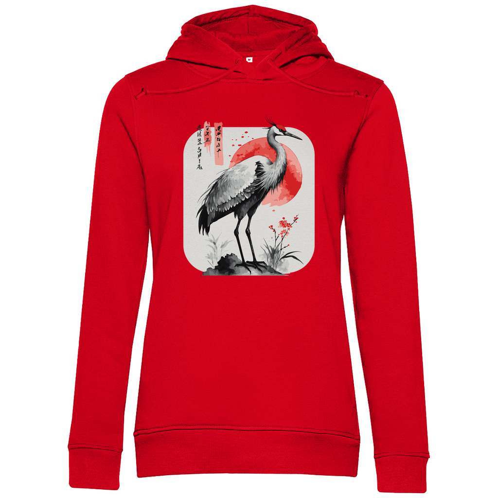 Damen Hoodie „Red Sun Crane“ aus Bio-Baumwolle in Rot – Zen-Hoodie mit Kranichmotiv und roter Sonne im traditionellen Sumi-e Stil
