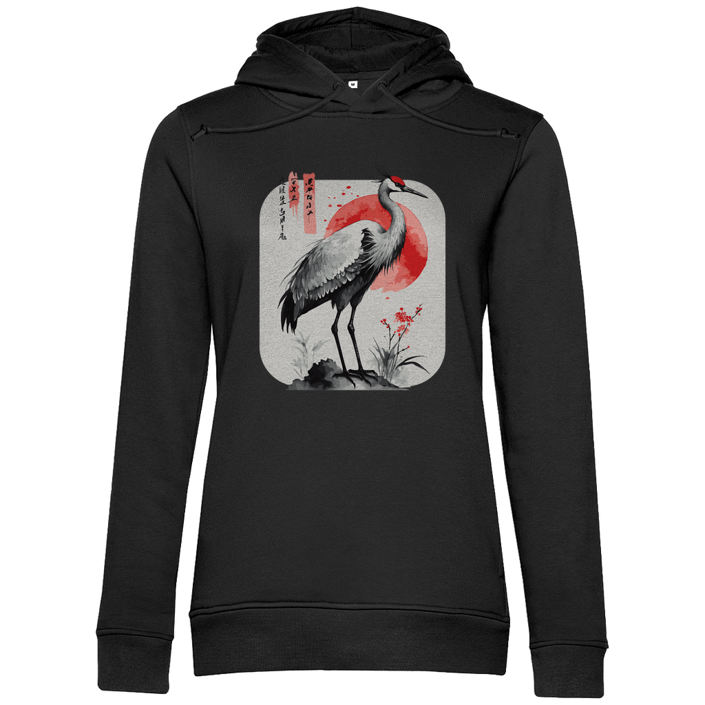 Damen Hoodie „Red Sun Crane“ aus Bio-Baumwolle in Schwarz – Zen-Hoodie mit Kranichmotiv und roter Sonne im traditionellen Sumi-e Stil