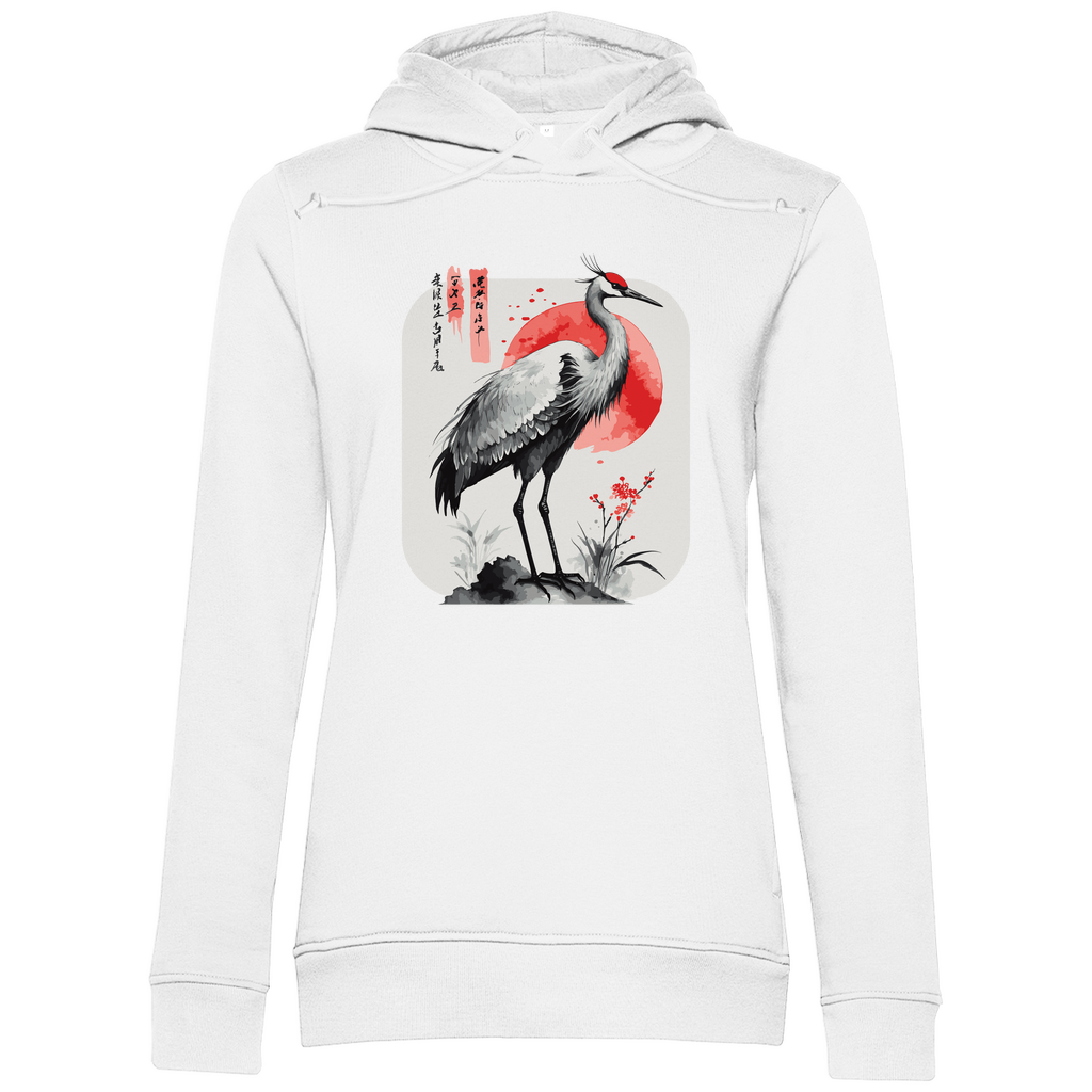 Damen Hoodie „Red Sun Crane“ aus Bio-Baumwolle in Weiß – Zen-Hoodie mit Kranichmotiv und roter Sonne im traditionellen Sumi-e Stil