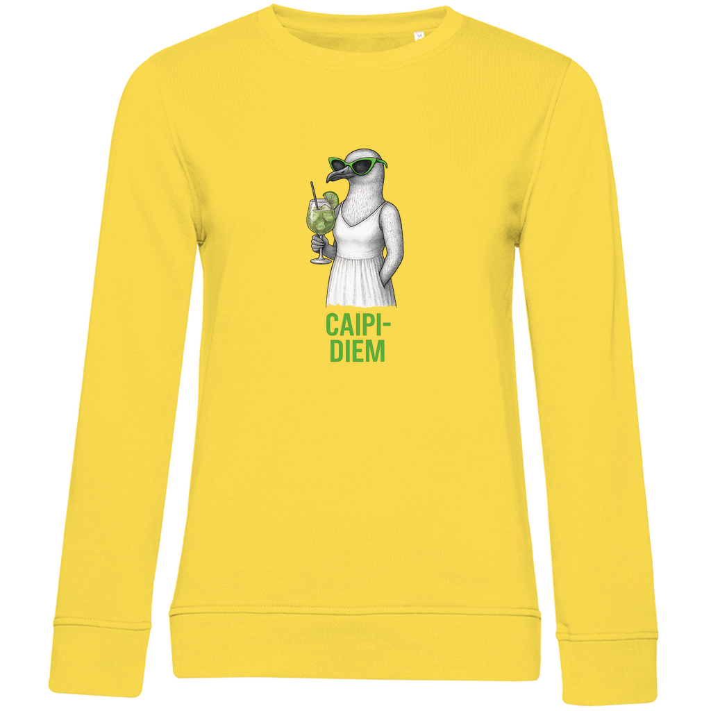 Damen Sweatshirt „Caipi-Diem“ aus Bio-Baumwolle in Gelb – Sommerprint mit Möwe, Sonnenbrille und Cocktail