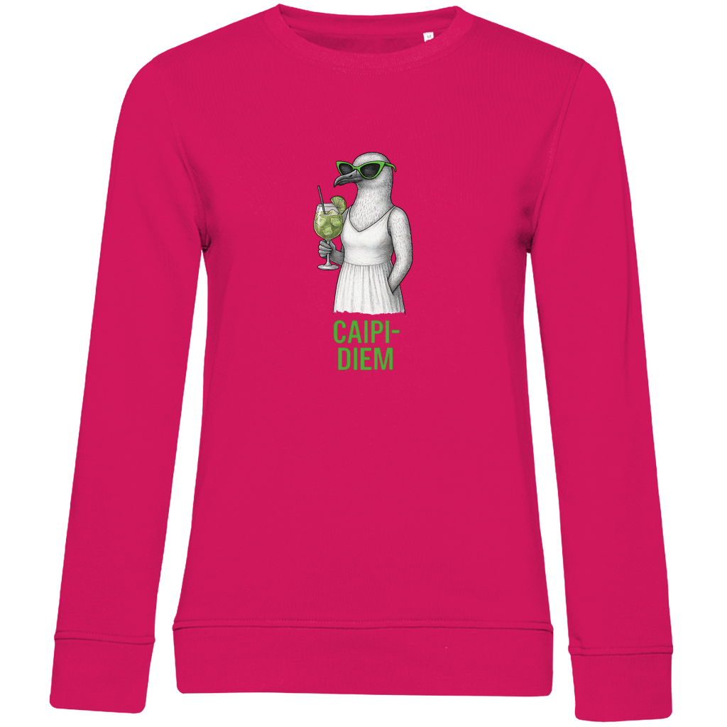 Damen Sweatshirt „Caipi-Diem“ aus Bio-Baumwolle in Magenta Pink – Sommerprint mit Möwe, Sonnenbrille und Cocktail