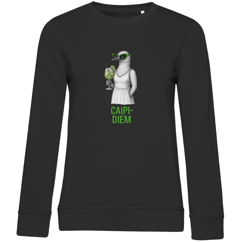 Damen Sweatshirt „Caipi-Diem“ aus Bio-Baumwolle in Schwarz – Sommerprint mit Möwe, Sonnenbrille und Cocktail