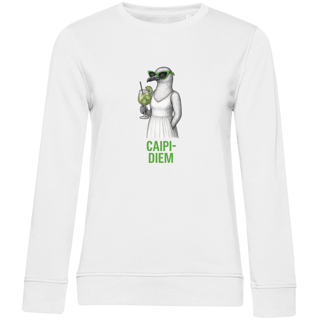 Damen Sweatshirt „Caipi-Diem“ aus Bio-Baumwolle in Weiß – Sommerprint mit Möwe, Sonnenbrille und Cocktail