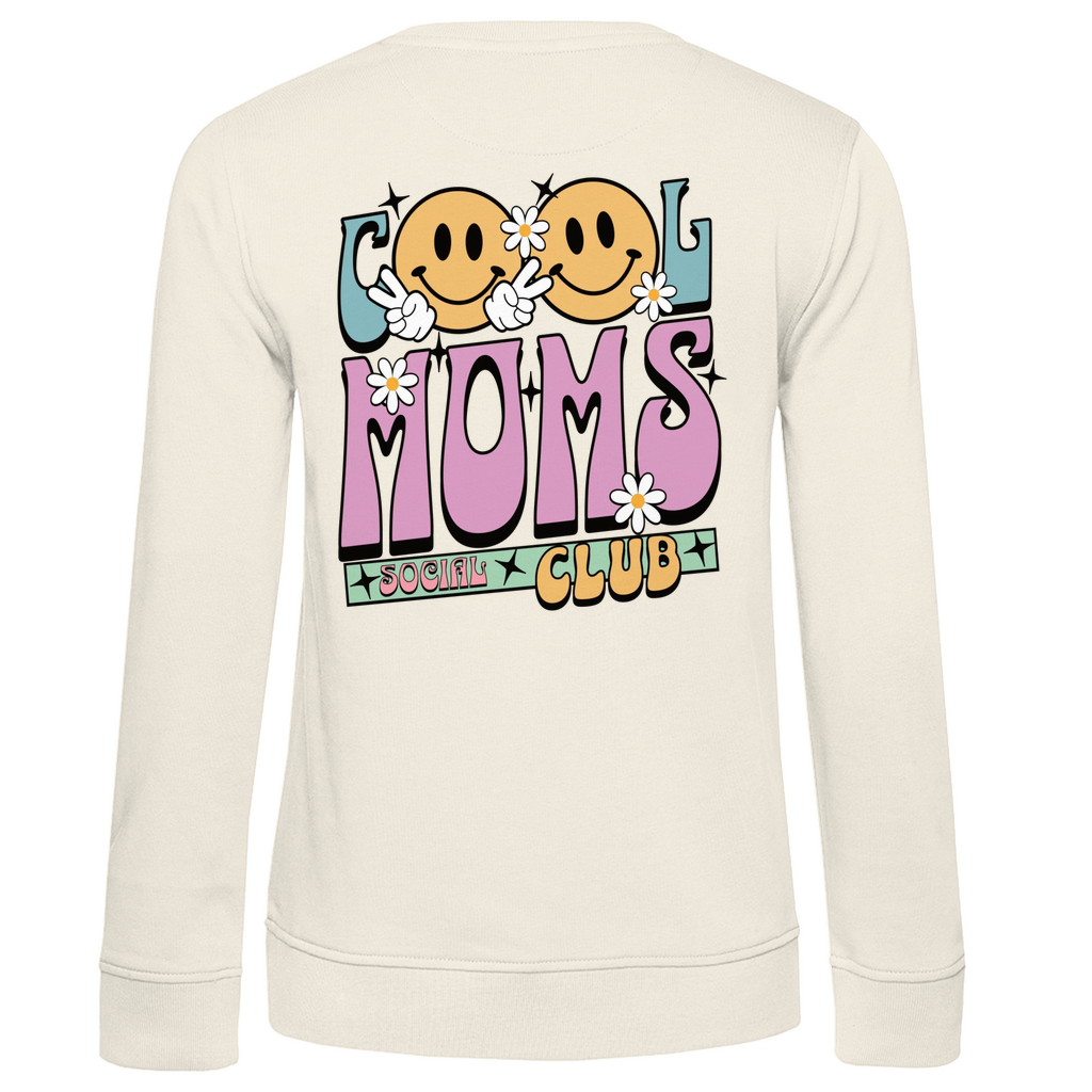 Damen Sweatshirt „Cool Moms Social Club“ personalisierbar mit Rückenprint aus Bio-Baumwolle in Beige – großer Retro-Schriftzug „Cool Moms“ mit floralen Details