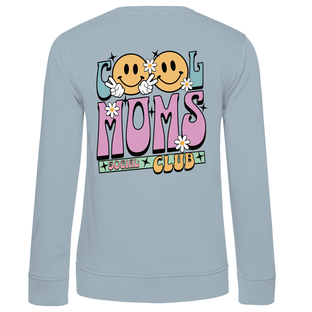 Damen Sweatshirt „Cool Moms Social Club“ personalisierbar mit Rückenprint aus Bio-Baumwolle in Blau – großer Retro-Schriftzug „Cool Moms“ mit floralen Details