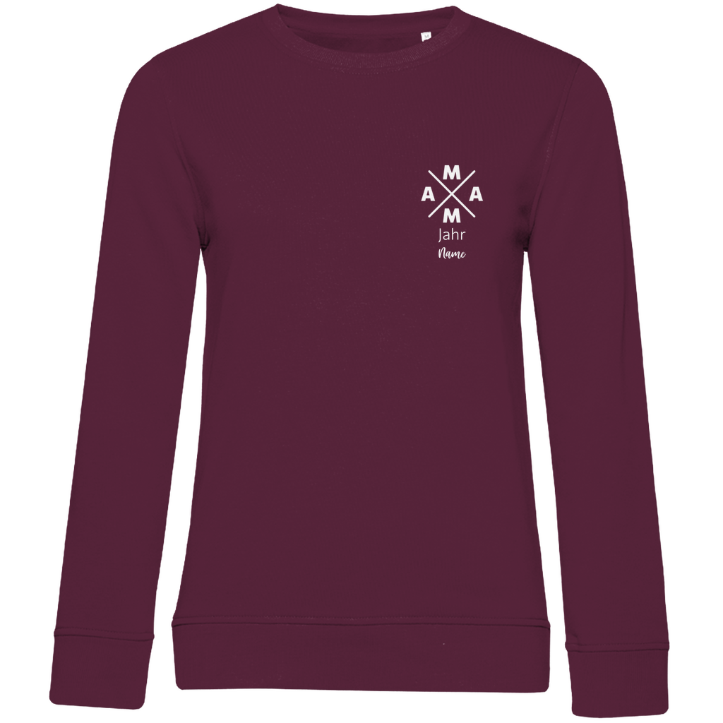 Damen Sweatshirt „MAMA X Mini – Dark Edition“ in Burgundy (Weinrot) – personalisierbarer Weiß-Print mit Jahr & Name auf dunklem Stoff, stylisches Mama-Design für Alltag & Freizeit. Ideal als Geschenk zum Geburtstag oder Muttertag.