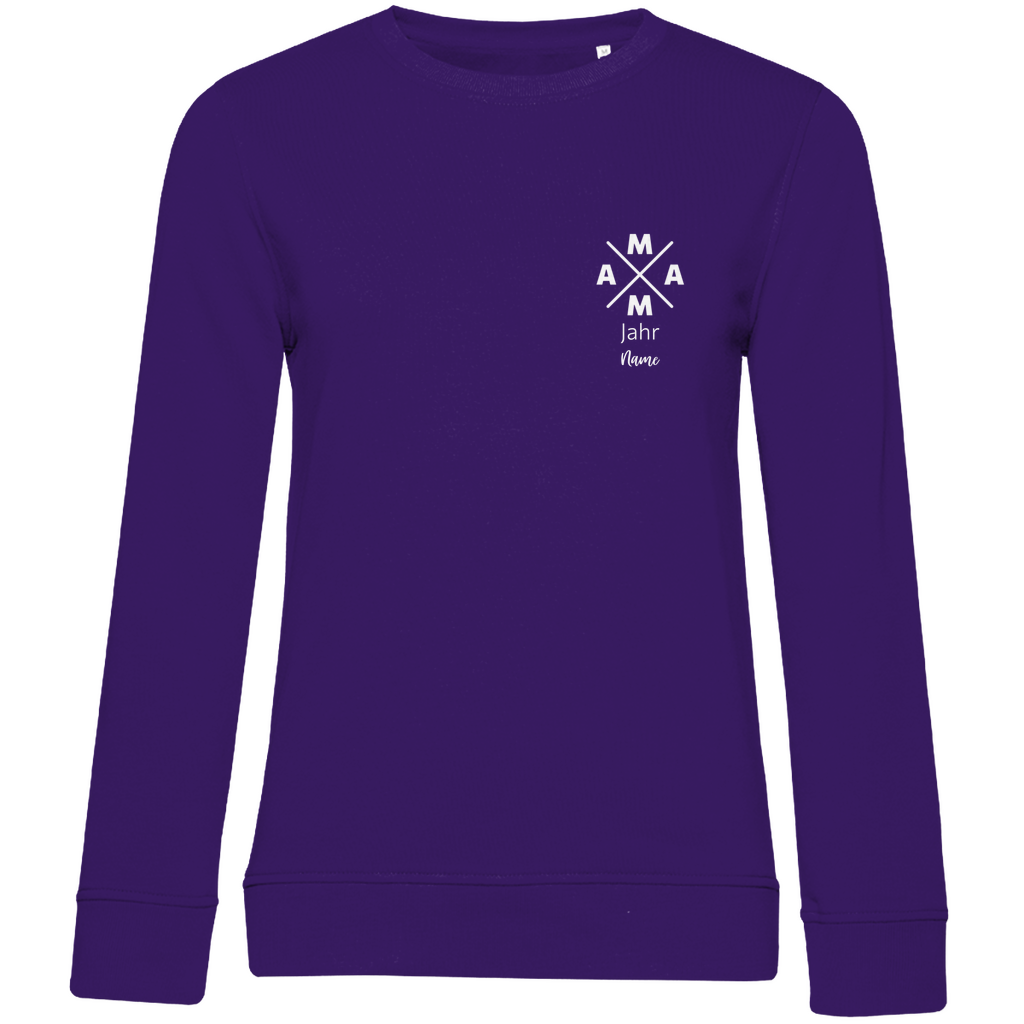 Damen Sweatshirt „MAMA X Mini – Dark Edition“ in Lila – personalisierbarer Weiß-Print mit Jahr & Name auf dunklem Stoff, stylisches Mama-Design für Alltag & Freizeit. Ideal als Geschenk zum Geburtstag oder Muttertag.
