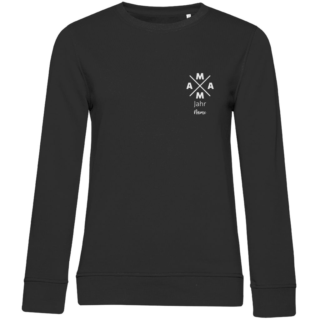 Damen Sweatshirt „MAMA X Mini – Dark Edition“ in Schwarz – personalisierbarer Weiß-Print mit Jahr & Name auf dunklem Stoff, stylisches Mama-Design für Alltag & Freizeit. Ideal als Geschenk zum Geburtstag oder Muttertag.