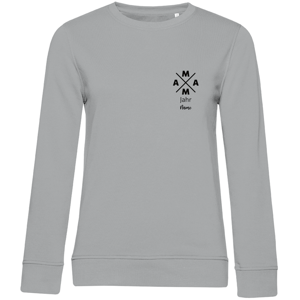 Damen Sweatshirt „MAMA X Mini“ in Grau – personalisierbarer Brustprint mit Wunschjahr & Name, modernes Design für stilbewusste Mamas. Ideal als Geschenk zum Geburtstag oder Muttertag.