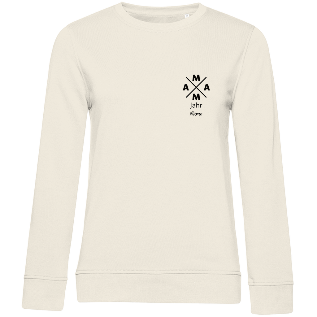 Damen Sweatshirt „MAMA X Mini“ in Off-White (Beige) – personalisierbarer Brustprint mit Wunschjahr & Name, modernes Design für stilbewusste Mamas. Ideal als Geschenk zum Geburtstag oder Muttertag.