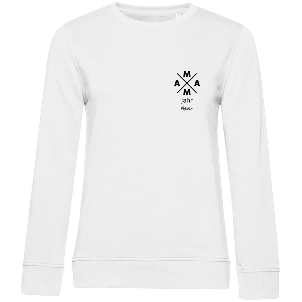 Damen Sweatshirt „MAMA X Mini“ in Weiß – personalisierbarer Brustprint mit Wunschjahr & Name, modernes Design für stilbewusste Mamas. Ideal als Geschenk zum Geburtstag oder Muttertag.