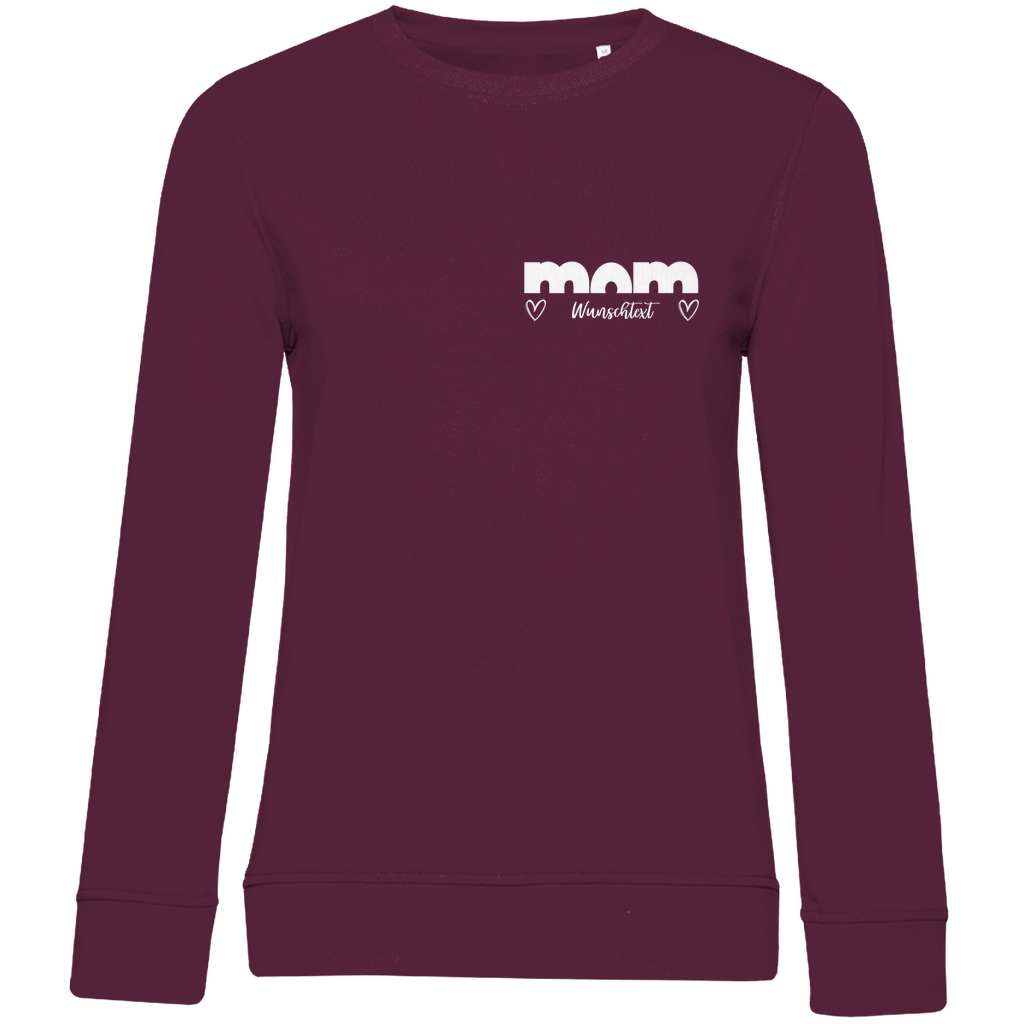 Damen Sweatshirt „mom Bright“ aus Bio-Baumwolle in Burgundy Rot – personalisierbarer Print mit Herz-Details für stilvolle Mamas