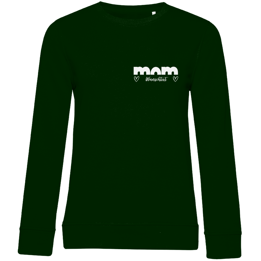 Damen Sweatshirt „mom Bright“ aus Bio-Baumwolle in dunklem Grün – personalisierbarer Print mit Herz-Details für stilvolle Mamas