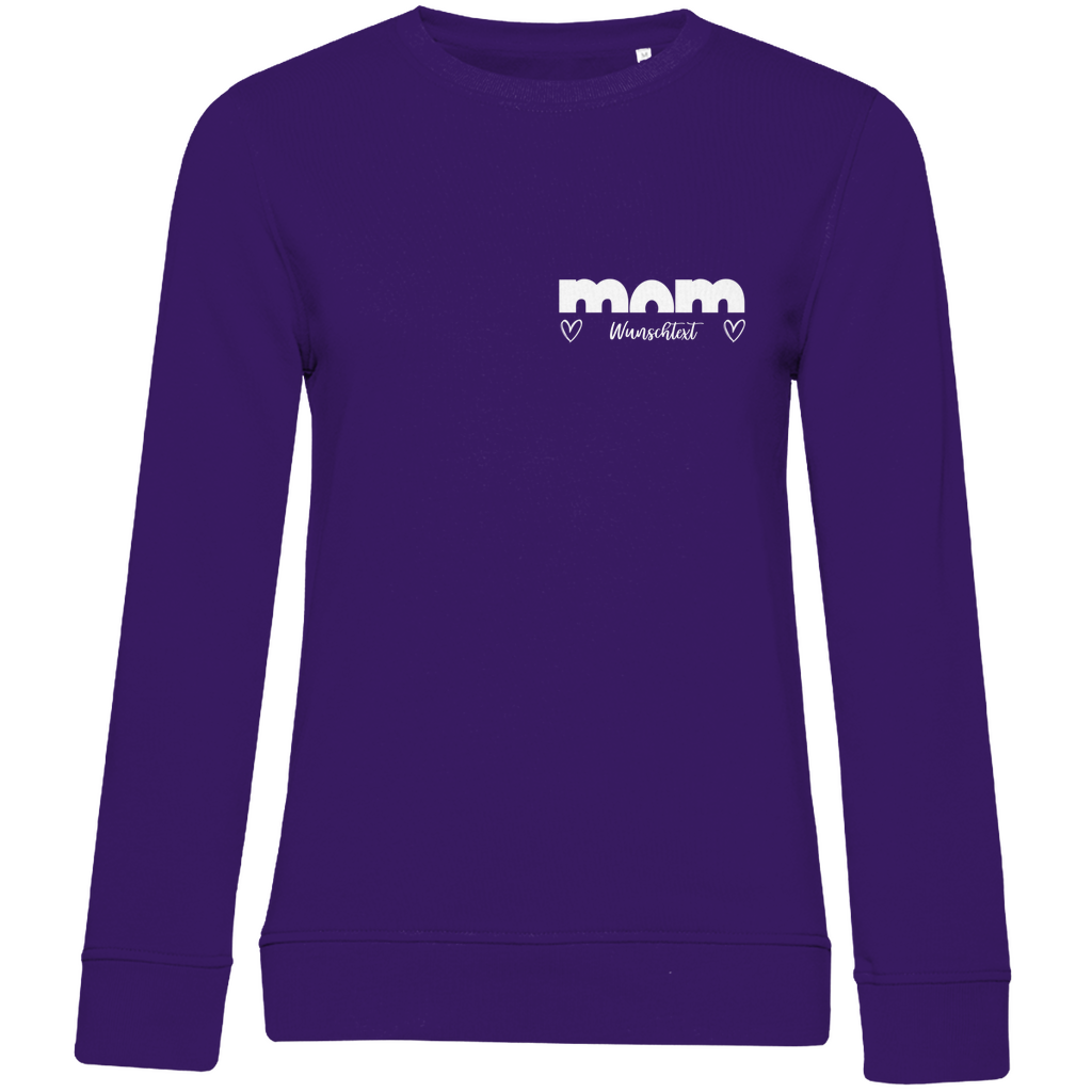 Damen Sweatshirt „mom Bright“ aus Bio-Baumwolle in Lila – personalisierbarer Print mit Herz-Details für stilvolle Mamas