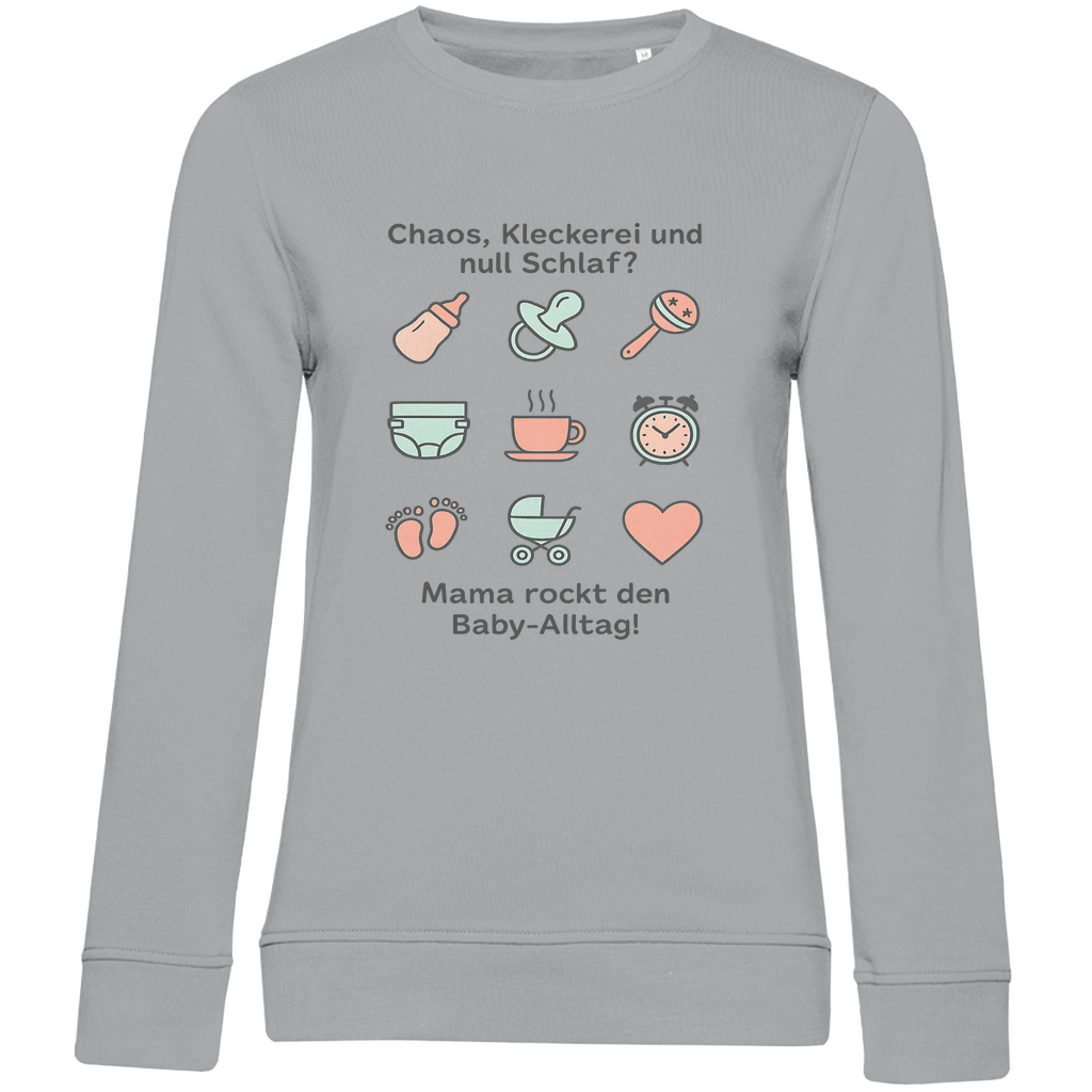 Damen Sweatshirt "Momlife Masterclass" in Grau – weicher Pullover mit Mama-Print & Baby-Icons für den Familienalltag. Ideal als Geschenk zu Mamas Geburtstag oder zum Muttertag.