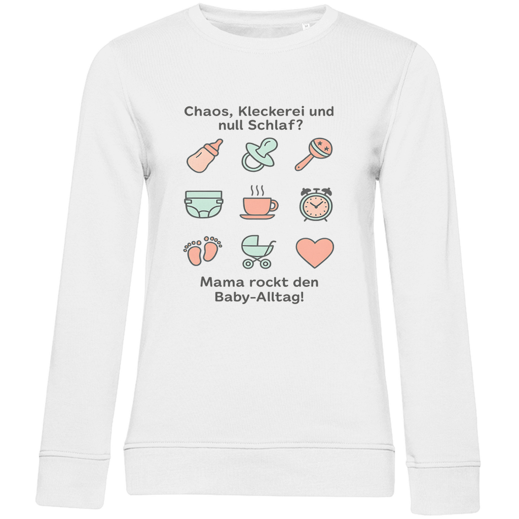 Damen Sweatshirt "Momlife Masterclass" in Weiß – weicher Pullover mit Mama-Print & Baby-Icons für den Familienalltag. Ideal als Geschenk zu Mamas Geburtstag oder zum Muttertag.