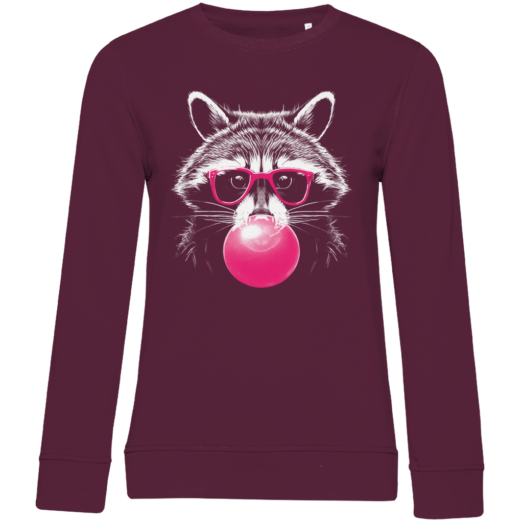 Damen Sweatshirt „Pop Raccoon“ in Burgundy (Weinrot) mit weißem Waschbär-Print im Line-Art-Stil und pinker Brille – urbanes Design mit Wohlfühlfaktor für trendbewusste Frauen