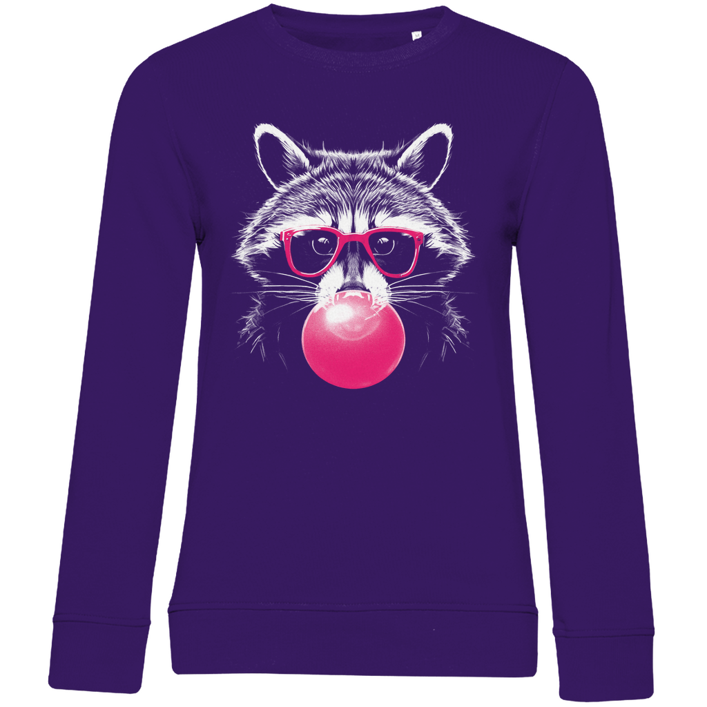 Damen Sweatshirt „Pop Raccoon“ in Lila mit weißem Waschbär-Print im Line-Art-Stil und pinker Brille – urbanes Design mit Wohlfühlfaktor für trendbewusste Frauen