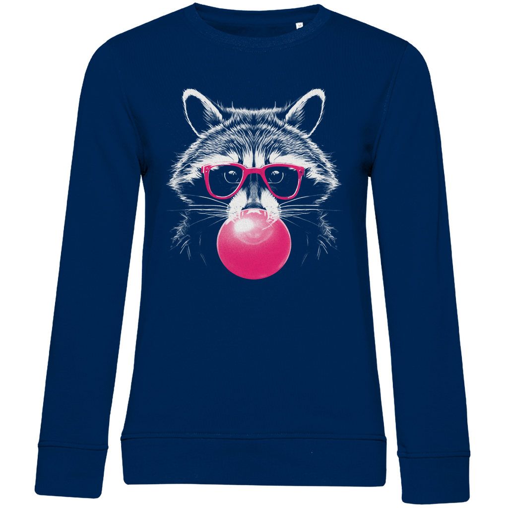 Damen Sweatshirt „Pop Raccoon“ in Navy Blau mit weißem Waschbär-Print im Line-Art-Stil und pinker Brille – urbanes Design mit Wohlfühlfaktor für trendbewusste Frauen