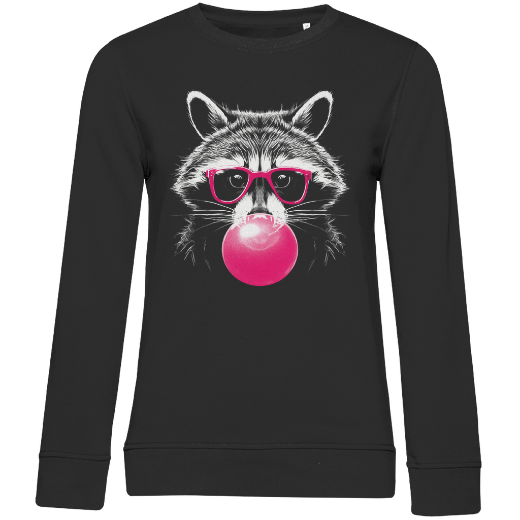 Damen Sweatshirt „Pop Raccoon“ in Schwarz mit weißem Waschbär-Print im Line-Art-Stil und pinker Brille – urbanes Design mit Wohlfühlfaktor für trendbewusste Frauen